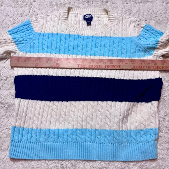 Vintage Lands’ End Striped Cable Knit Sweater Women’s Medium White Blue costal - Picture 3 of 7